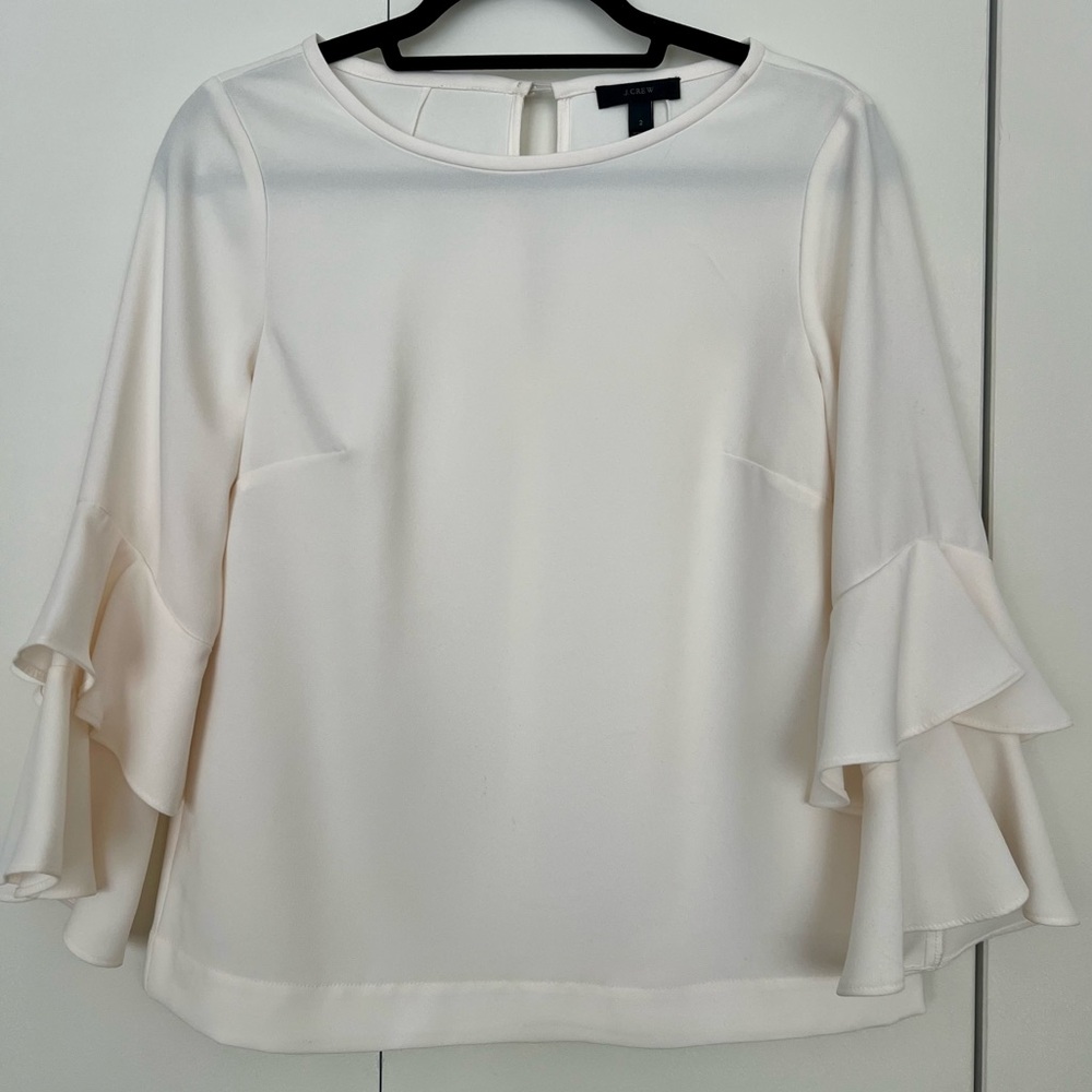 J. Crew White Ruffle Sleeve Blouse